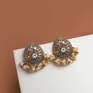 Ethnic Water Droplets Tassel Alloy Enamel Inlay Artificial Pearls Drop Earrings